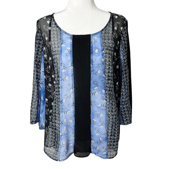 Style & Co Womens Peasant Top M Blue & Black Floral Mix Print Bell Sleeve Sheer - Picture 2 of 10